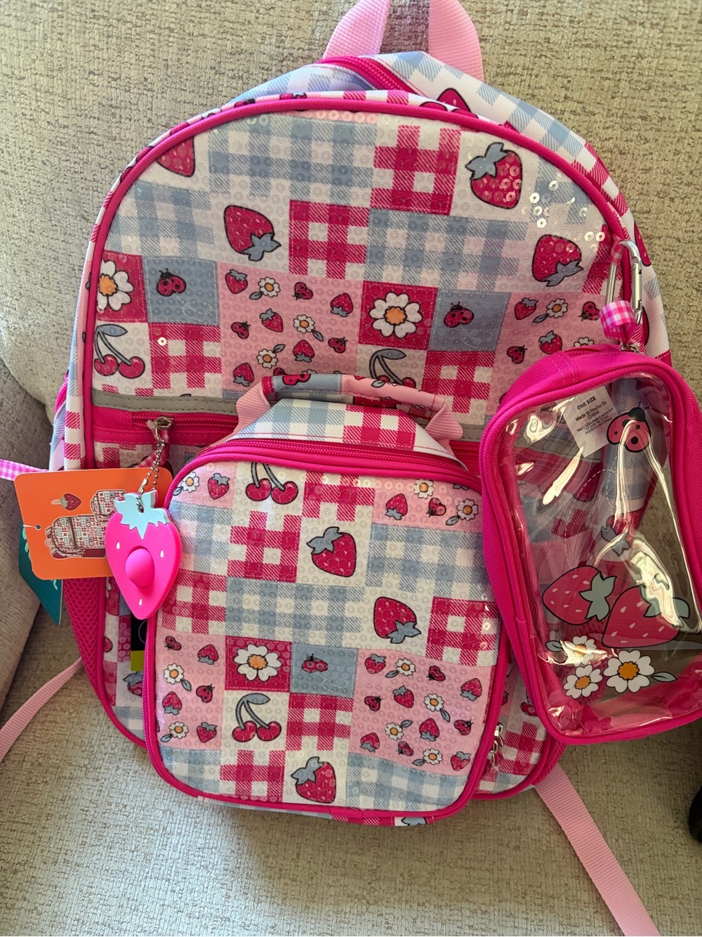 Girls Pink Strawberry Patch Backpack Set with Clear Accessory Pouch